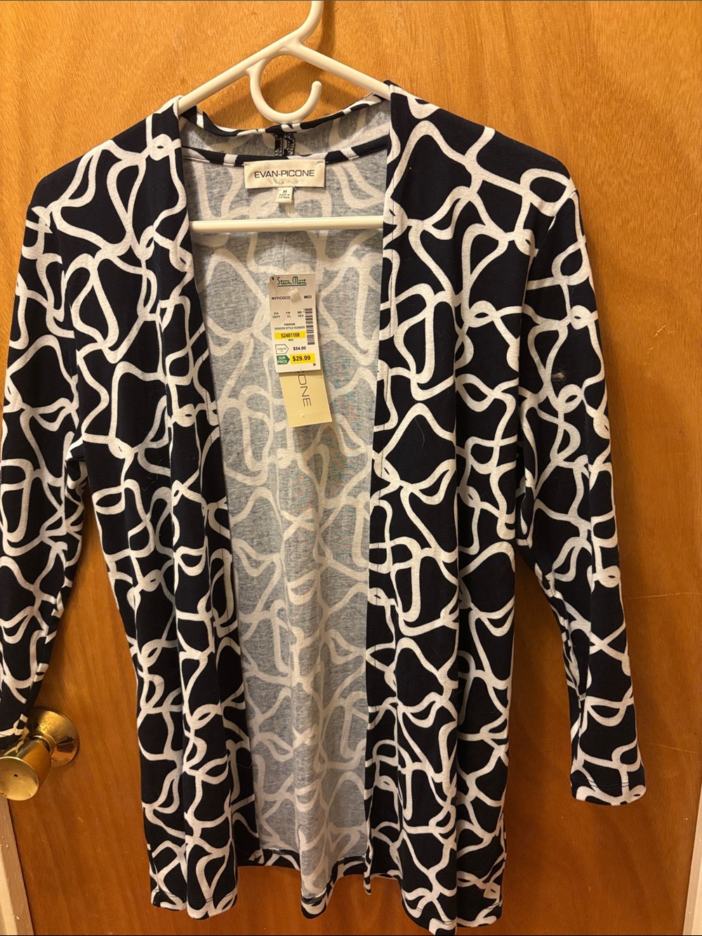 Evan Picone Navy and White Open Front Patterned Cardigan